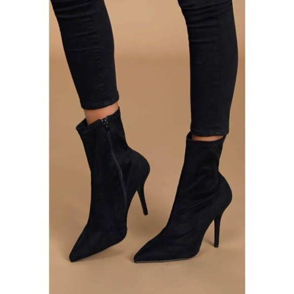 Lulus Stassy Black Suede Pointed-Toe Sock Boots Womens Size 7.5 Stiletto… - Picture 2 of 9